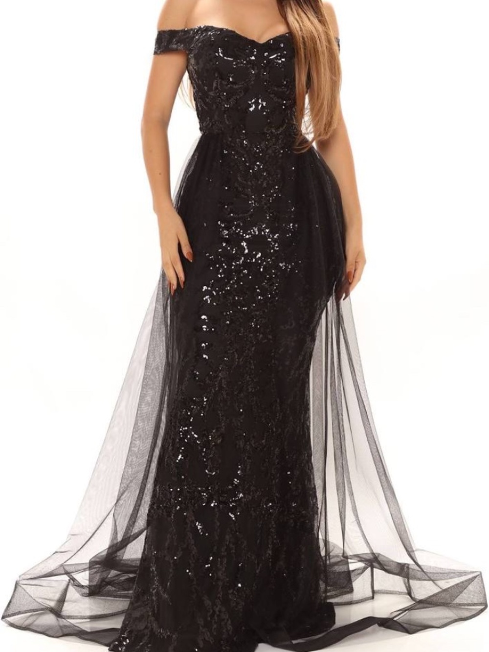 Fashion Nova Black Sequin Train Gown Size 1X